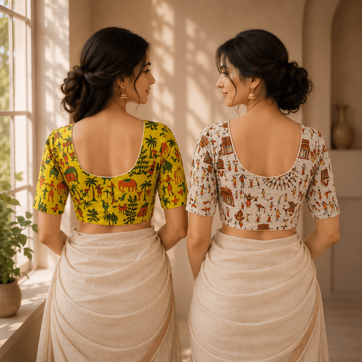 Riyashree Madhubani Cotton Ready-to-Wear Saree Blouse | Pack of 2