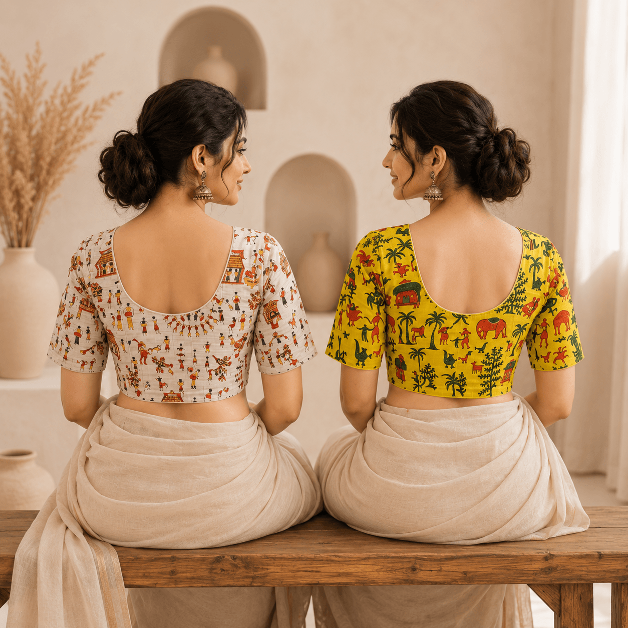 Riyashree Madhubani Cotton Ready-to-Wear Saree Blouse | Pack of 2