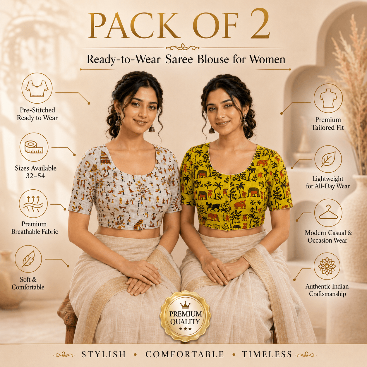 Riyashree Madhubani Cotton Ready-to-Wear Saree Blouse | Pack of 2