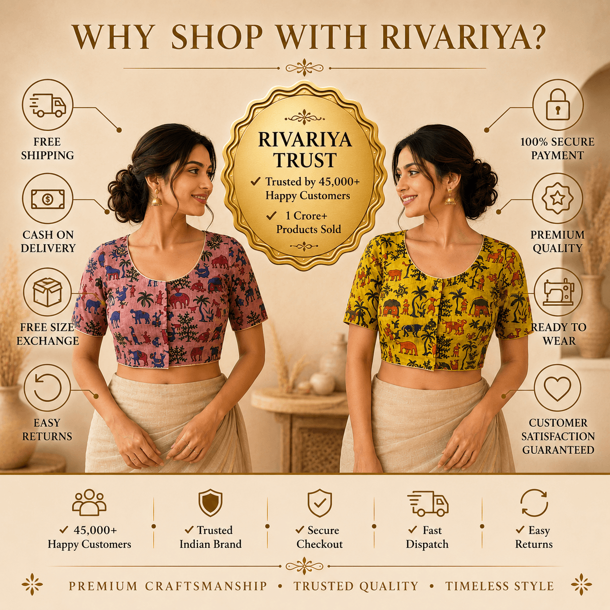 Riyashree Ikkat Cotton Ready-to-Wear Saree Blouse | Pack of 2