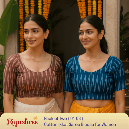 Riyashree Women's Ikkat Cotton Saree Blouse Pack of 2 - Readymade, Festive & Daily Use | BLOU 01 03
