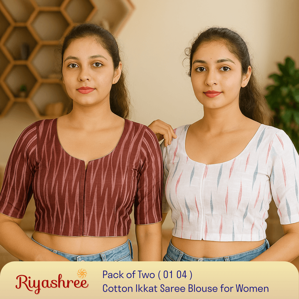 Riyashree Women's Ikkat Cotton Saree Blouse Pack of 2 - Readymade, Festive & Daily Use | BLOU 01 04