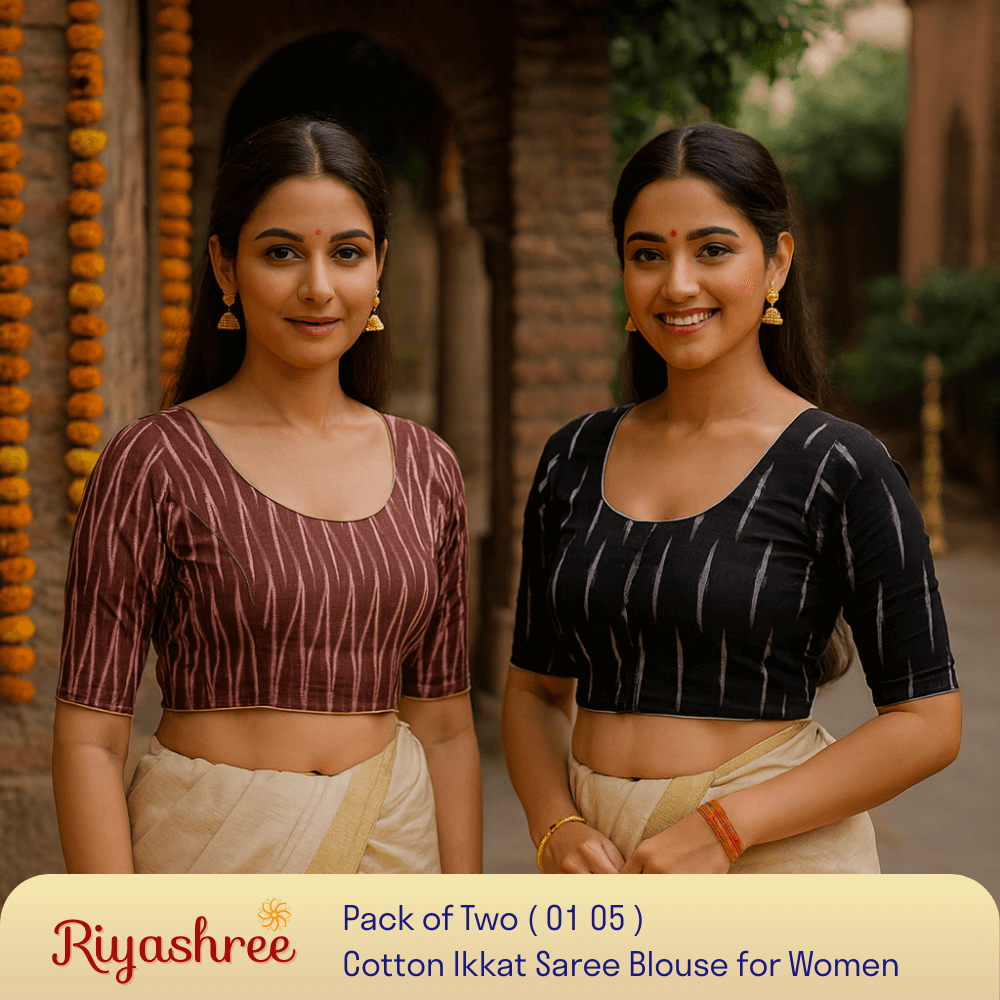 Riyashree Women's Ikkat Cotton Saree Blouse Pack of 2 - Readymade, Festive & Daily Use | BLOU 01 05