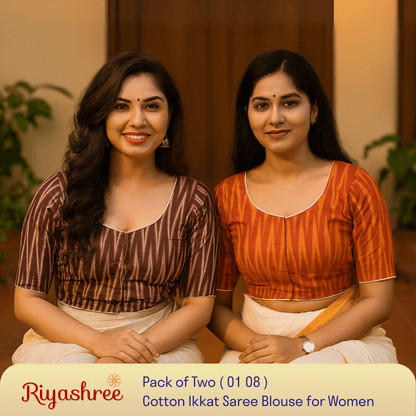 Riyashree Women's Ikkat Cotton Saree Blouse Pack of 2 - Readymade, Festive & Daily Use | BLOU 01 08