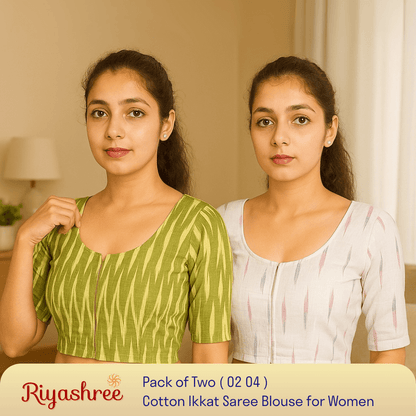Riyashree Women's Ikkat Cotton Saree Blouse Pack of 2 - Readymade, Festive & Daily Use | BLOU 02 04