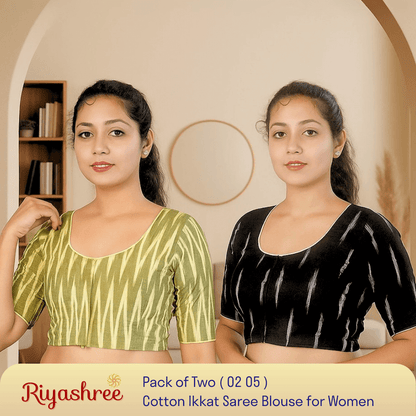 Riyashree Women's Ikkat Cotton Saree Blouse Pack of 2 - Readymade, Festive & Daily Use | BLOU 02 05