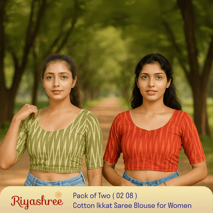 Riyashree Women's Ikkat Cotton Saree Blouse Pack of 2 - Readymade, Festive & Daily Use | BLOU 02 08