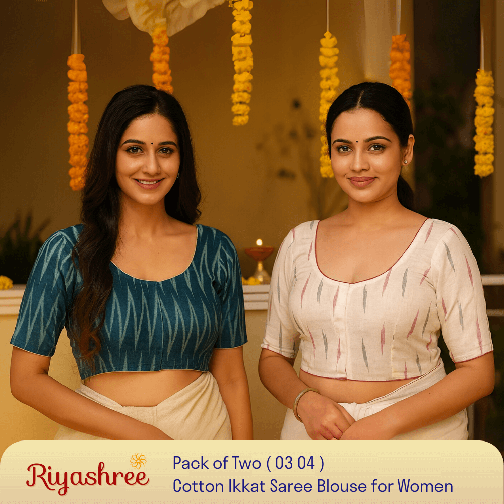 Riyashree Women's Ikkat Cotton Saree Blouse Pack of 2 - Readymade, Festive & Daily Use | BLOU 03 04
