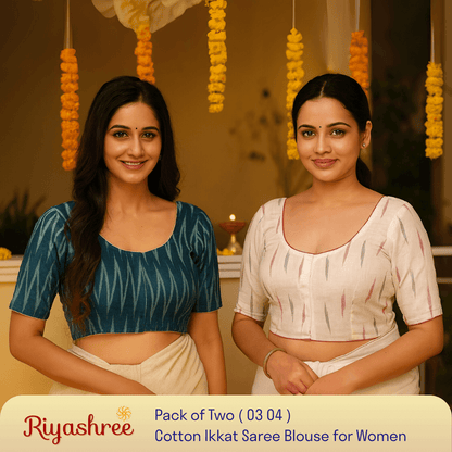 Riyashree Women's Ikkat Cotton Saree Blouse Pack of 2 - Readymade, Festive & Daily Use | BLOU 03 04