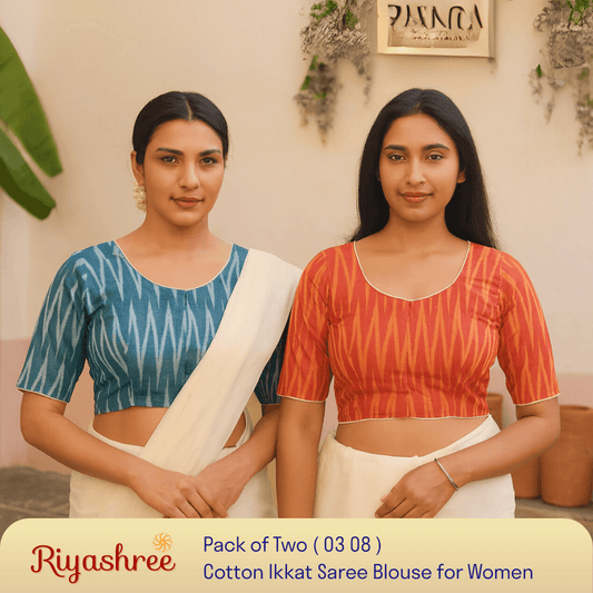 Riyashree Women's Ikkat Cotton Saree Blouse Pack of 2 - Readymade, Festive & Daily Use | BLOU 03 08