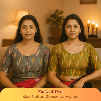 Evariya Pack of 2 Women's Ready-to-Wear Cotton Ikkat Print Saree Blouse - Stitched | BLOU 051 052