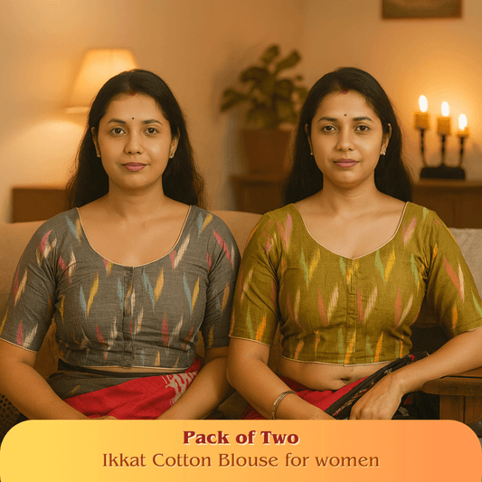 Evariya Pack of 2 Women's Ready-to-Wear Cotton Ikkat Print Saree Blouse - Stitched | BLOU 051 052