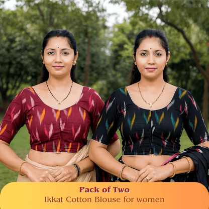 Evariya Pack of 2 Women's Ready-to-Wear Cotton Ikkat Print Saree Blouse - Stitched | BLOU 054 056