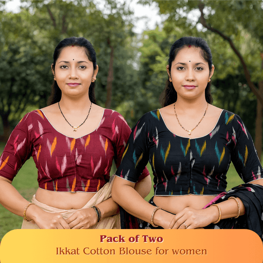 Evariya Pack of 2 Women's Ready-to-Wear Cotton Ikkat Print Saree Blouse - Stitched | BLOU 054 056