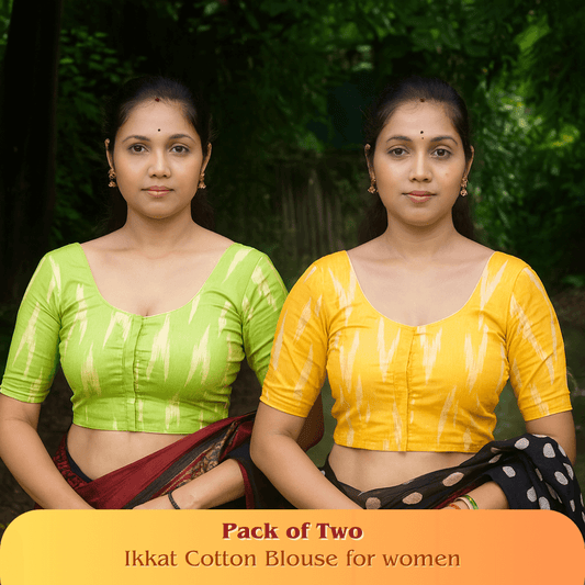 Evariya Pack of 2 Women's Ready-to-Wear Cotton Ikkat Print Saree Blouse - Stitched | BLOU 055 058