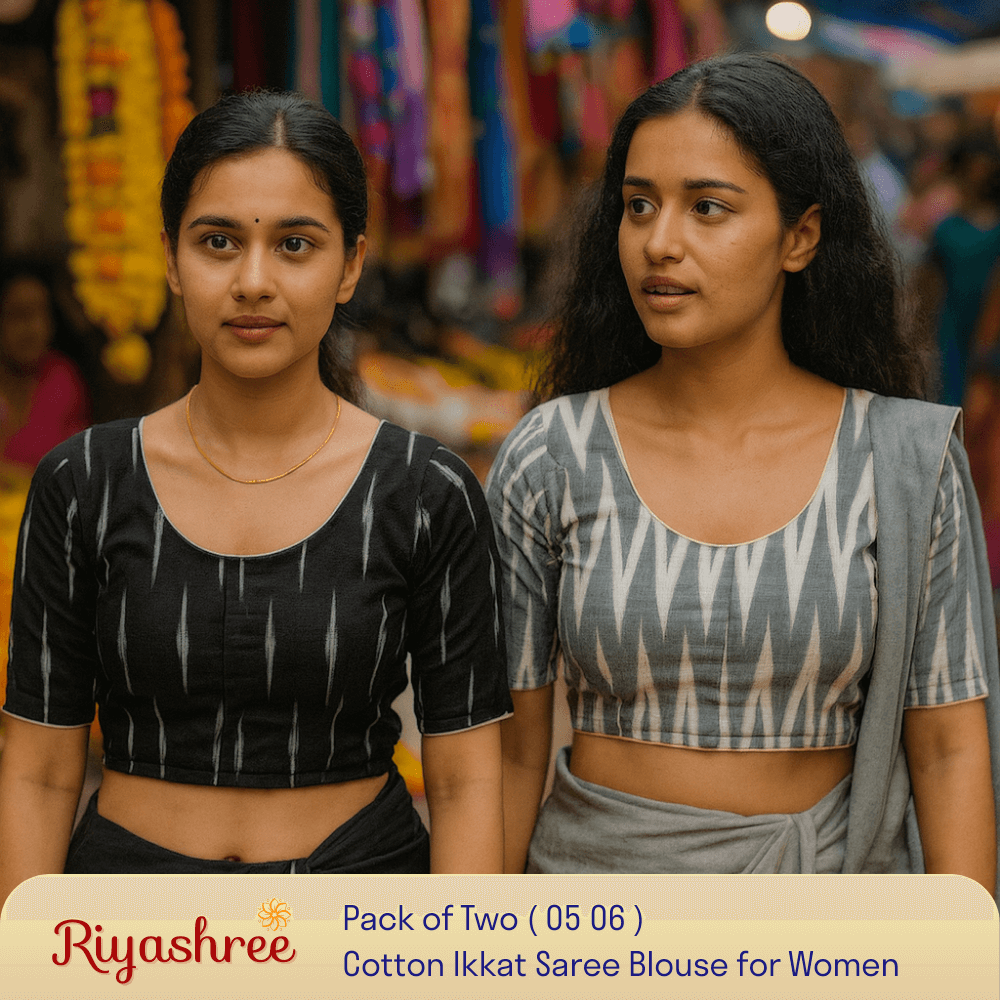 Riyashree Women's Ikkat Cotton Saree Blouse Pack of 2 - Readymade, Festive & Daily Use | BLOU 05 06