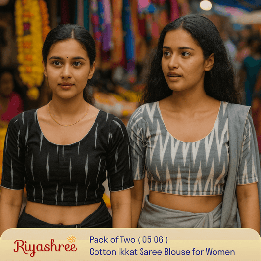 Riyashree Women's Ikkat Cotton Saree Blouse Pack of 2 - Readymade, Festive & Daily Use | BLOU 05 06