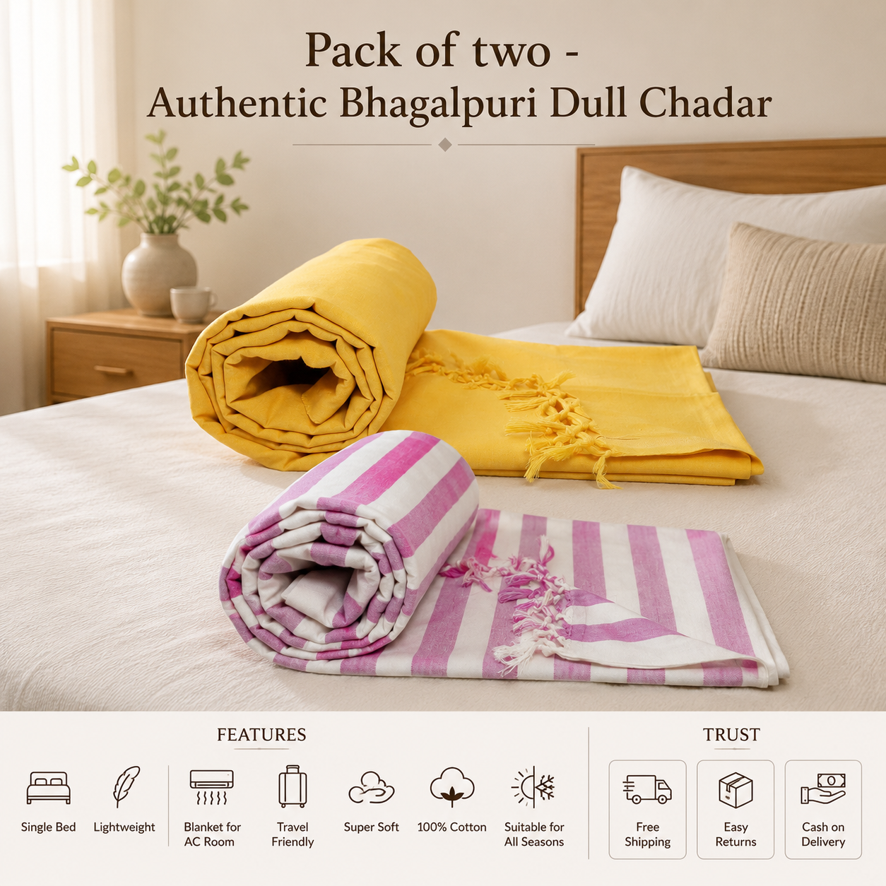 Pack of 2 Authentic Classic Bhagalpuri Dull Chadar | 100% Cotton Lightweight Soft Blanket for AC Room, Travel & Everyday Use | Classic Size 94 × 50 Inches