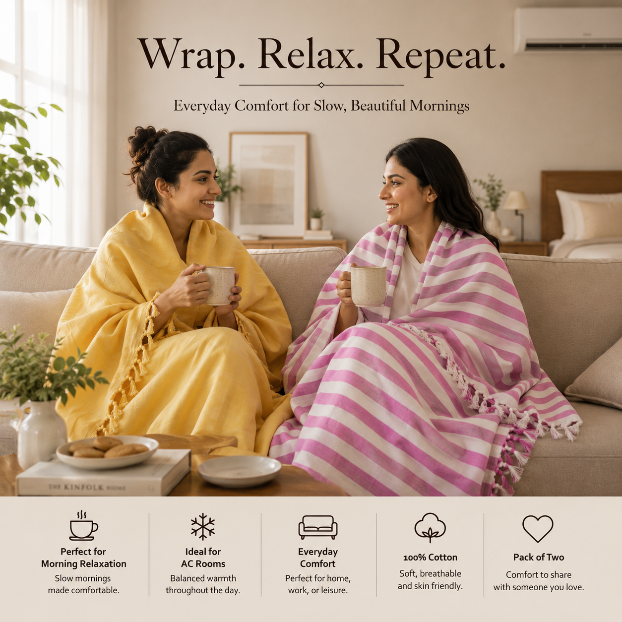 Pack of 2 Authentic Classic Bhagalpuri Dull Chadar | 100% Cotton Lightweight Soft Blanket for AC Room, Travel & Everyday Use | Classic Size 94 × 50 Inches