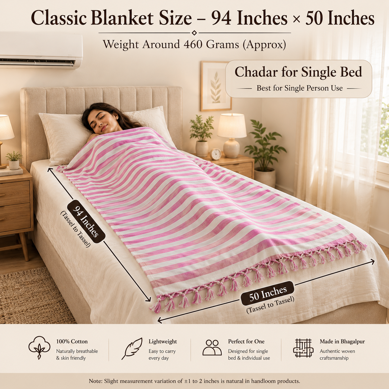 Pack of 2 Authentic Classic 3D Bhagalpuri Dull Chadar | 100% Cotton Lightweight Soft Blanket for AC Room, Travel & Everyday Use | Classic Size 94 × 50 Inches DULL C 31 36