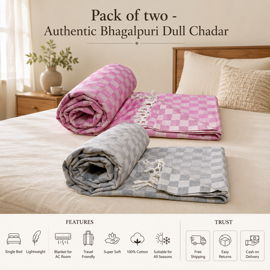 Pack of 2 Authentic Classic 3D Bhagalpuri Dull Chadar | 100% Cotton Lightweight Soft Blanket for AC Room, Travel & Everyday Use | Classic Size 94 × 50 Inches DULL C 36 37