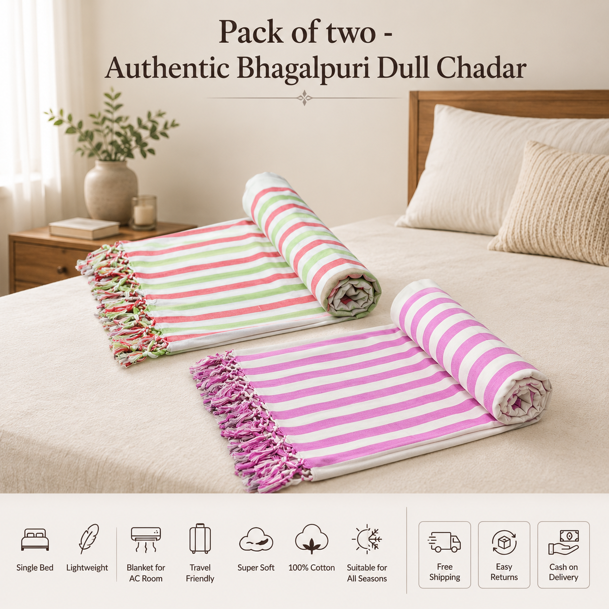 Pack of 2 Authentic Premium Bhagalpuri Dull Chadar | 100% Cotton Lightweight Soft Blanket for AC Room, Travel & Everyday Use | Classic Size 100 × 52 Inches  DULL 61 62