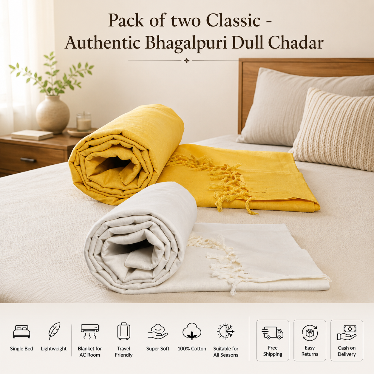 Pack of 2 Authentic Classic Bhagalpuri Dull Chadar | 100% Cotton Lightweight Soft Blanket for AC Room, Travel & Everyday Use | Classic Size 94 × 50 Inches DULL C 09 13