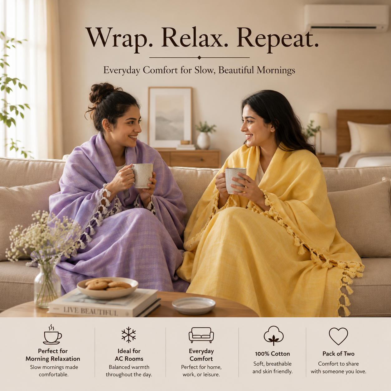 Pack of 2 Authentic Classic Bhagalpuri Dull Chadar | 100% Cotton Lightweight Soft Blanket for AC Room, Travel & Everyday Use | Classic Size 94 × 50 Inches DULL - C 08 09