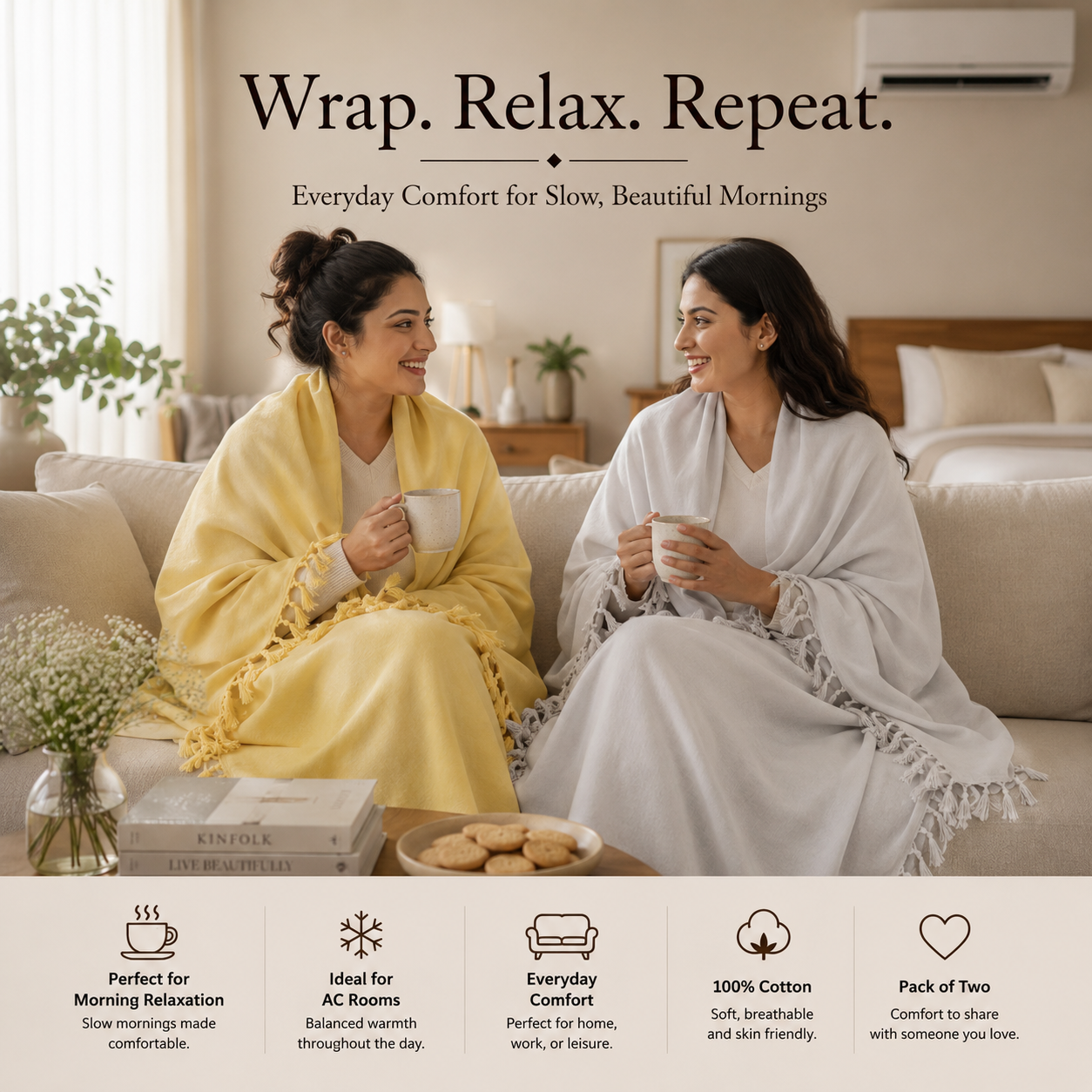 Pack of 2 Authentic Classic Bhagalpuri Dull Chadar | 100% Cotton Lightweight Soft Blanket for AC Room, Travel & Everyday Use | Classic Size 94 × 50 Inches DULL C 09 13