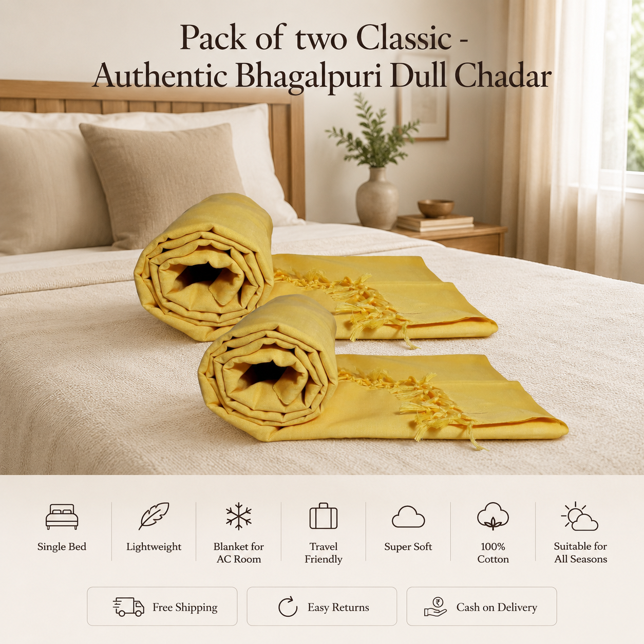 Pack of 2 Authentic Classic Bhagalpuri Dull Chadar | 100% Cotton Lightweight Soft Blanket for AC Room, Travel & Everyday Use | Classic Size 94 × 50 Inches DULL C 09 09