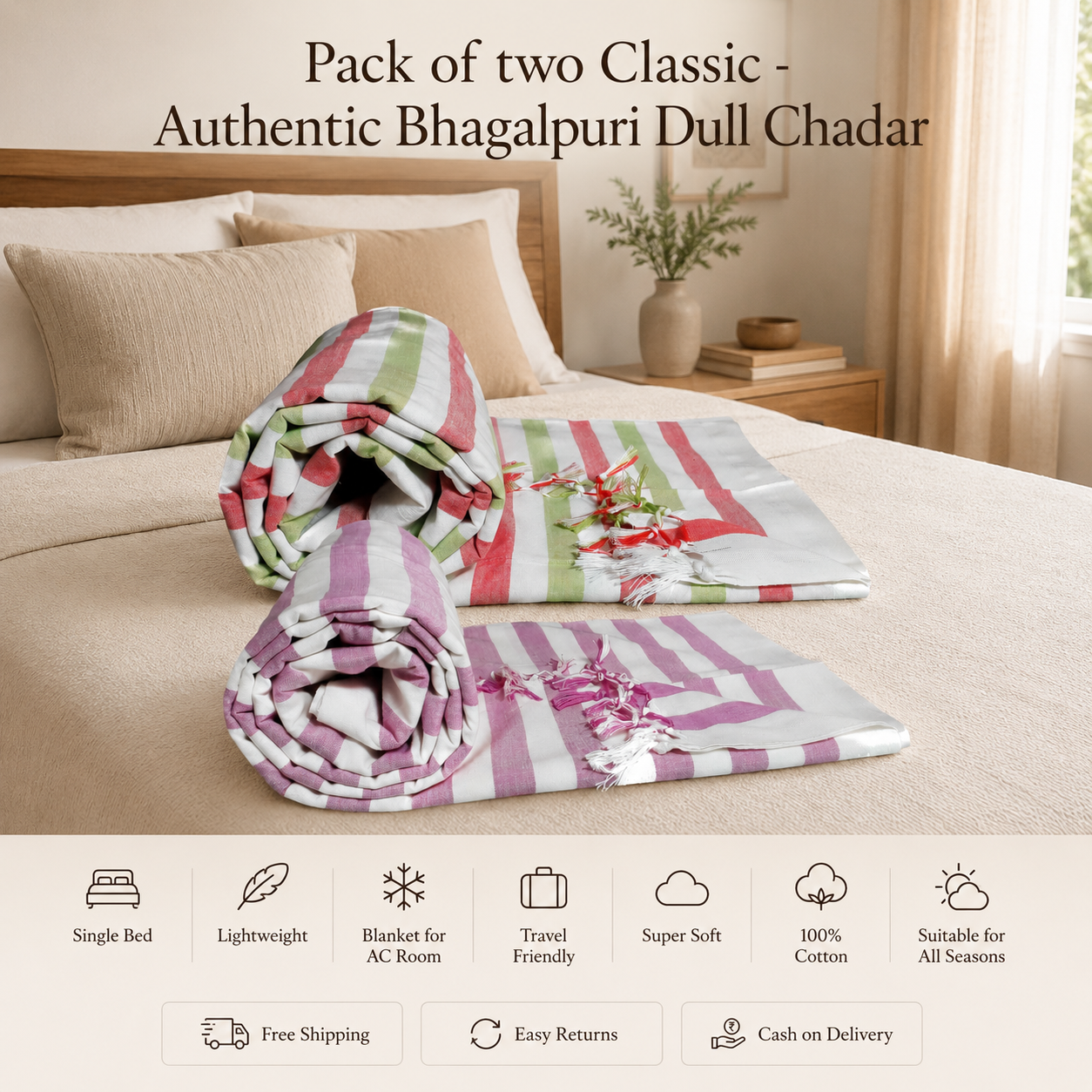 Pack of 2 Authentic Classic Bhagalpuri Dull Chadar | 100% Cotton Lightweight Soft Blanket for AC Room, Travel & Everyday Use | Classic Size 94 × 50 Inches DULL C 14 15