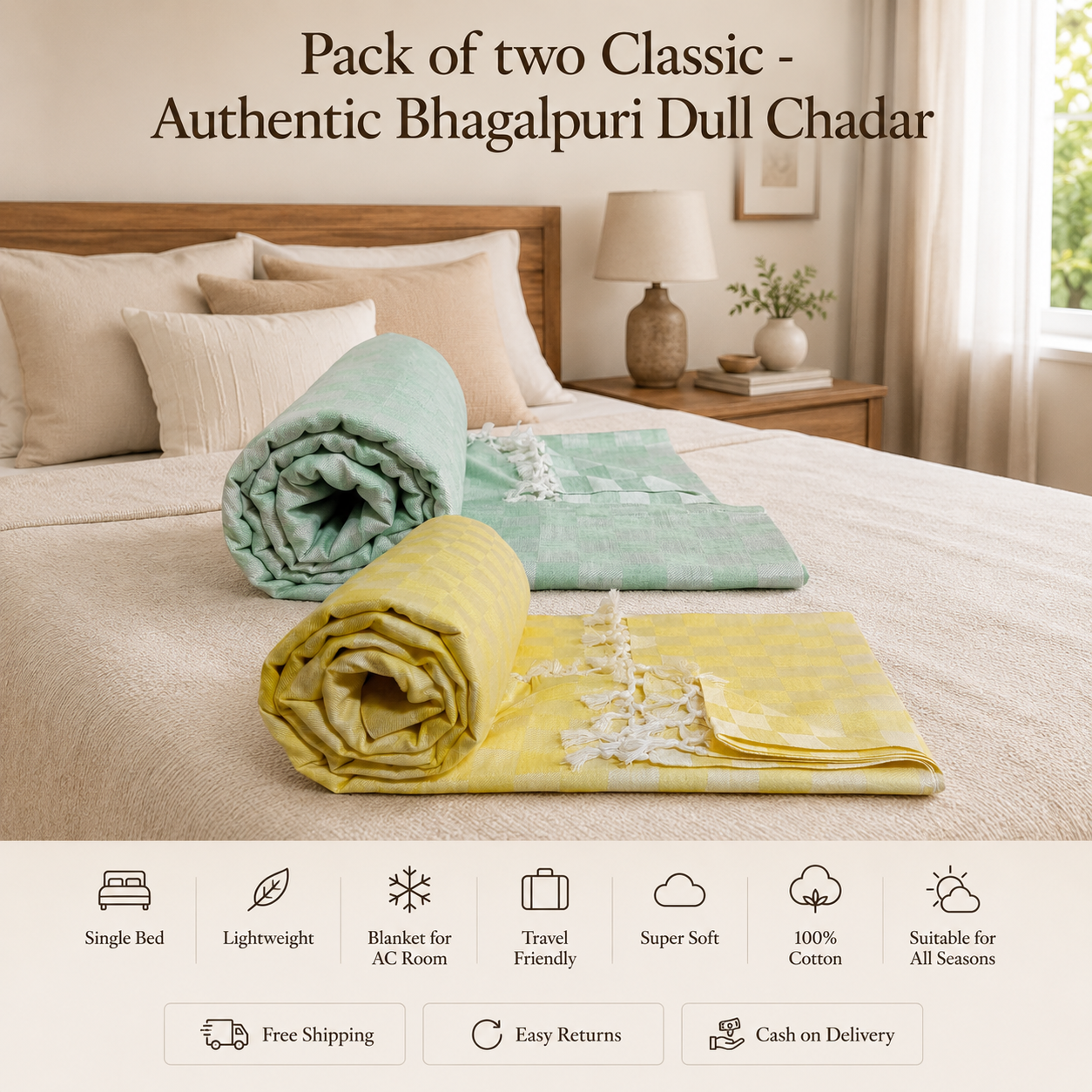 Pack of 2 Authentic Classic 3D Bhagalpuri Dull Chadar | 100% Cotton Lightweight Soft Blanket for AC Room, Travel & Everyday Use | Classic Size 94 × 50 Inches DULL C 32 35