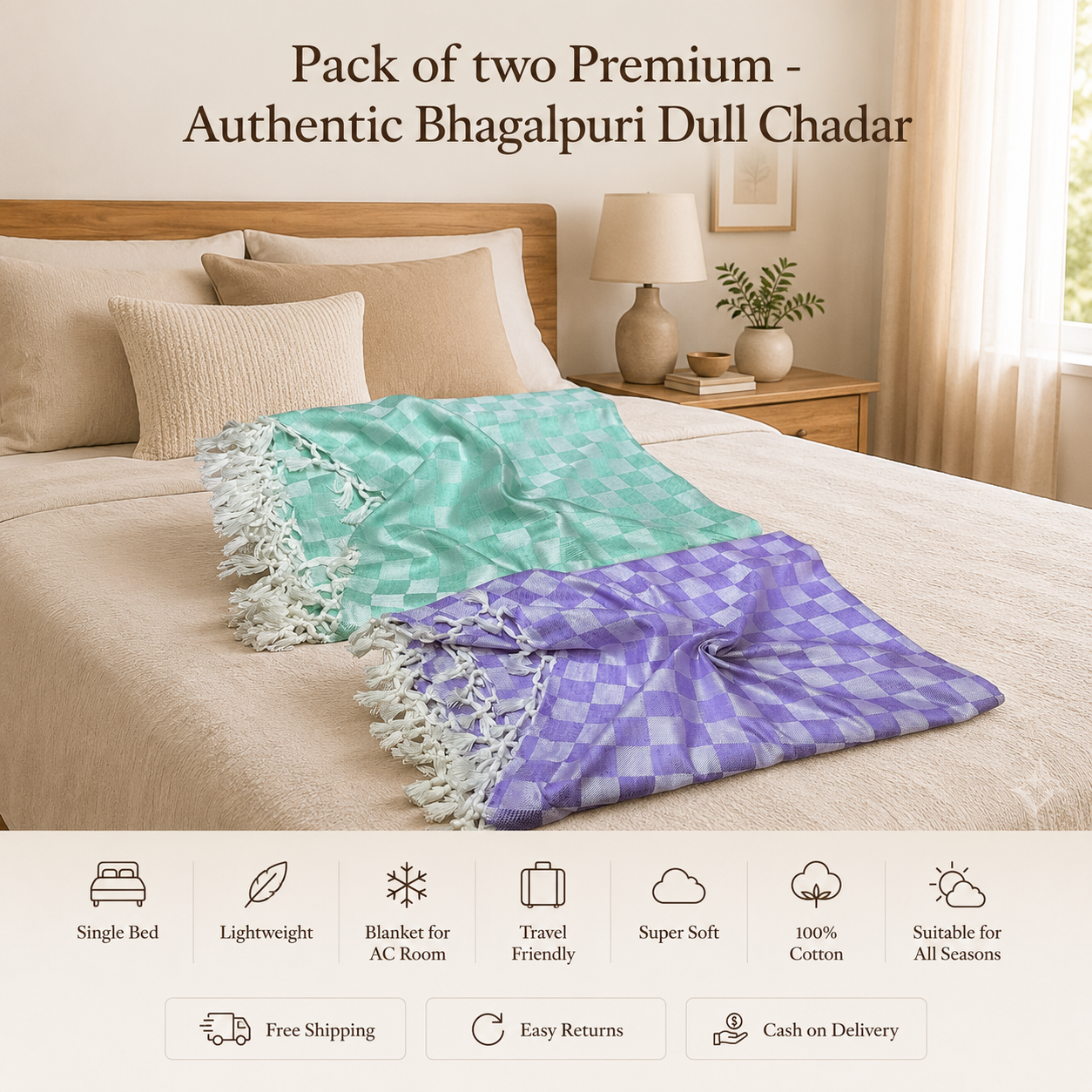 Pack of 2 Authentic Premium 3D Bhagalpuri Dull Chadar | 100% Cotton Lightweight Soft Blanket for AC Room, Travel & Everyday Use | Classic Size 100 × 52 Inches  DULL 59 60