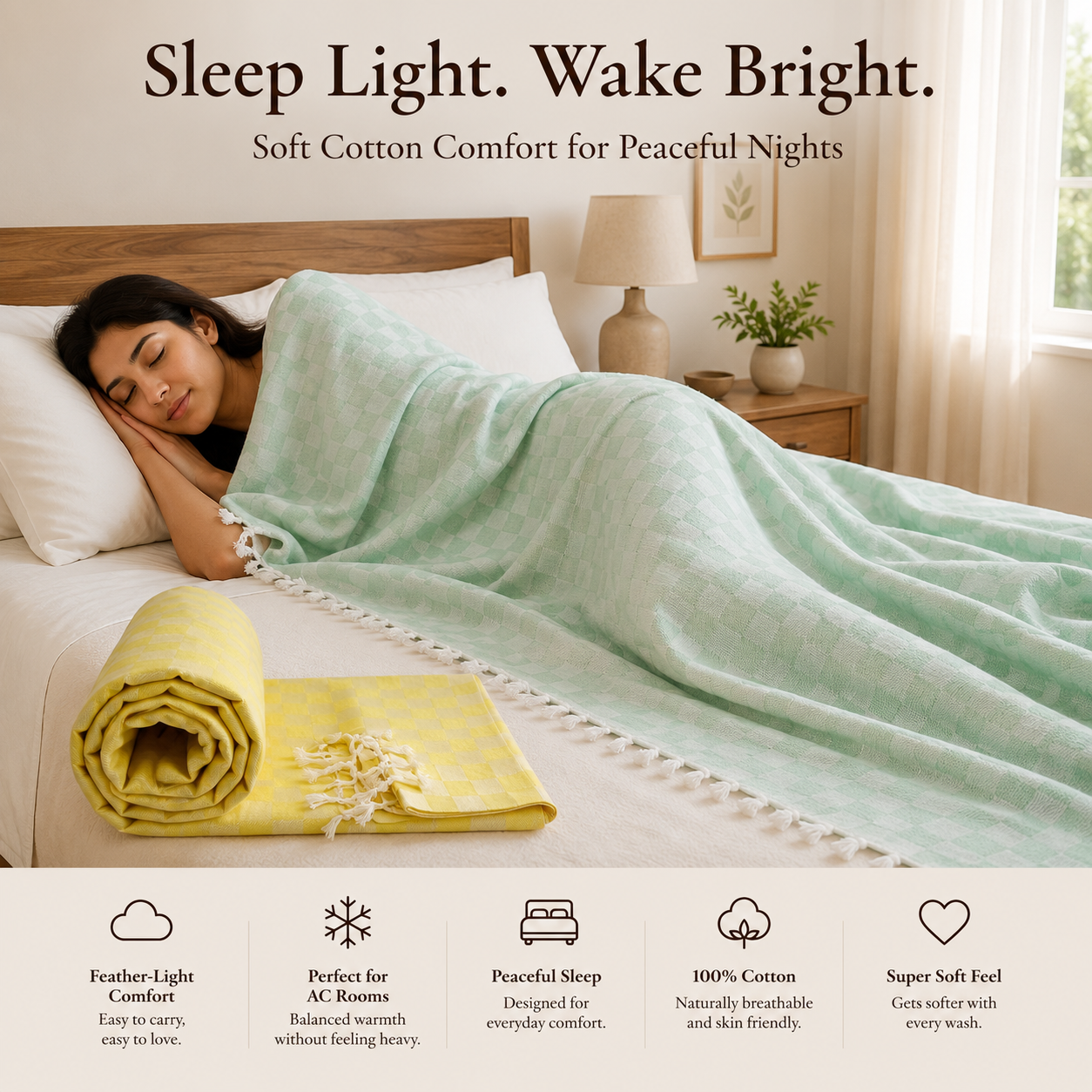 Pack of 2 Authentic Classic 3D Bhagalpuri Dull Chadar | 100% Cotton Lightweight Soft Blanket for AC Room, Travel & Everyday Use | Classic Size 94 × 50 Inches DULL C 32 35