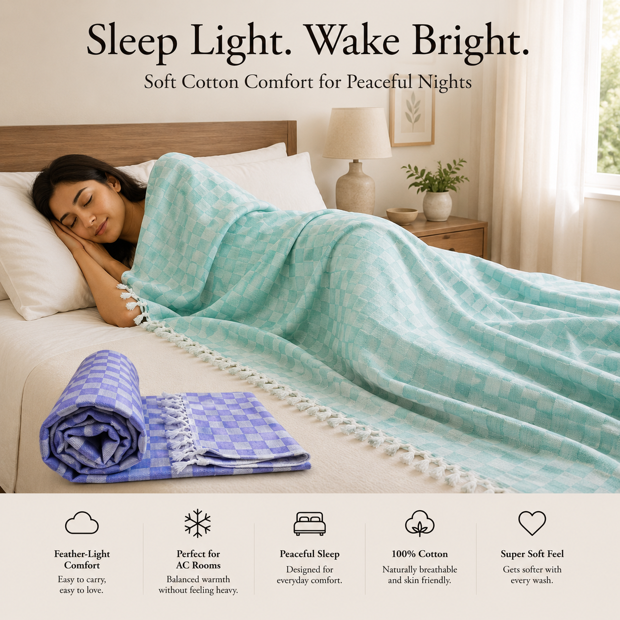 Pack of 2 Authentic Premium 3D Bhagalpuri Dull Chadar | 100% Cotton Lightweight Soft Blanket for AC Room, Travel & Everyday Use | Classic Size 100 × 52 Inches  DULL 59 60