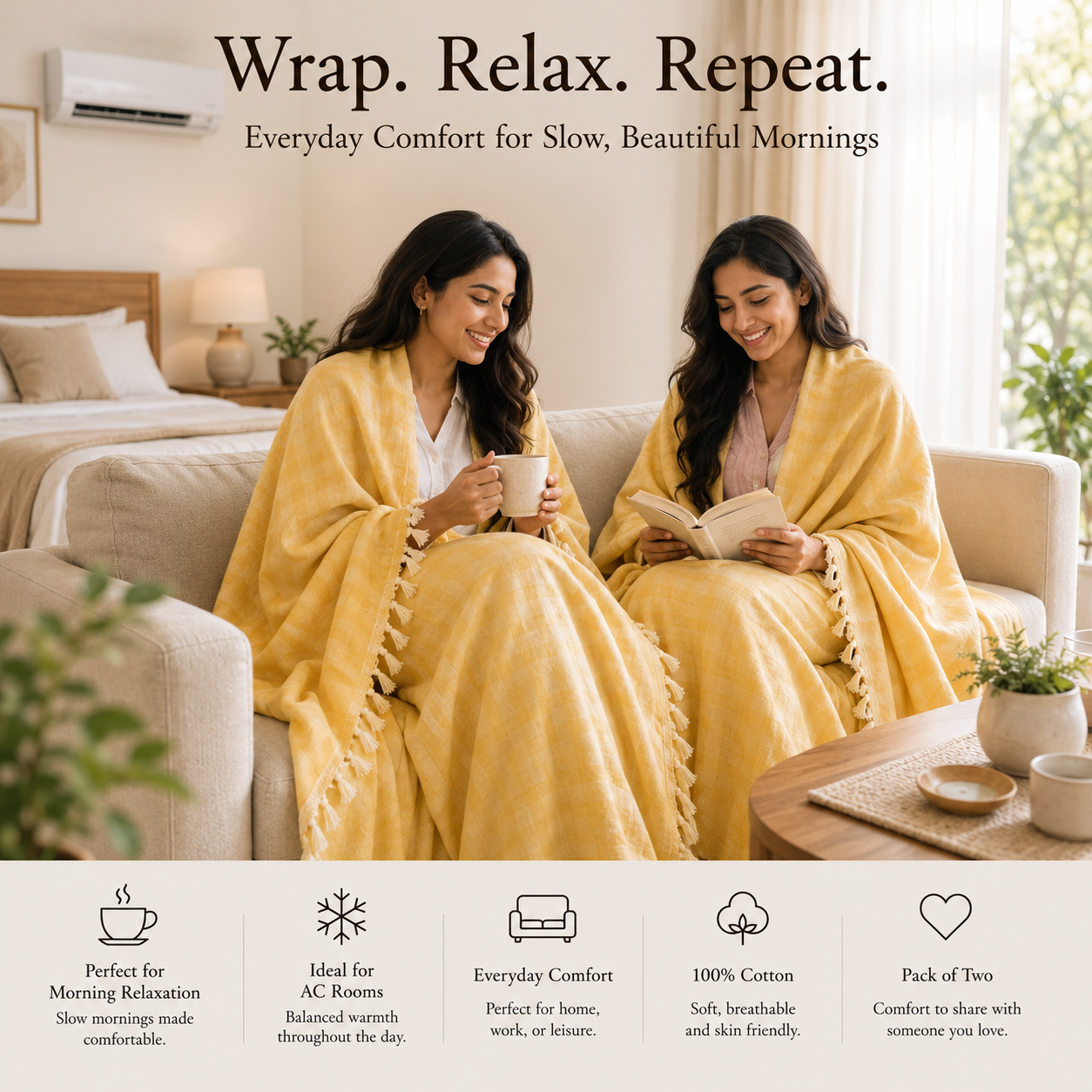 Pack of 2 Authentic Classic Bhagalpuri Dull Chadar | 100% Cotton Lightweight Soft Blanket for AC Room, Travel & Everyday Use | Classic Size 94 × 50 Inches DULL C 09 09