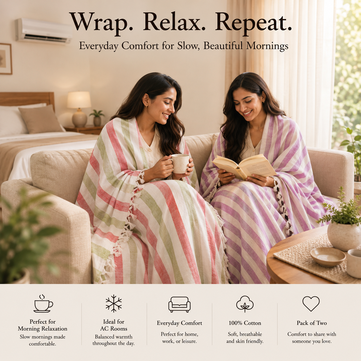 Pack of 2 Authentic Classic Bhagalpuri Dull Chadar | 100% Cotton Lightweight Soft Blanket for AC Room, Travel & Everyday Use | Classic Size 94 × 50 Inches DULL C 14 15