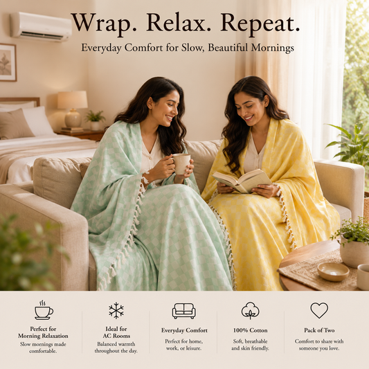 Pack of 2 Authentic Classic 3D Bhagalpuri Dull Chadar | 100% Cotton Lightweight Soft Blanket for AC Room, Travel & Everyday Use | Classic Size 94 × 50 Inches DULL C 32 35