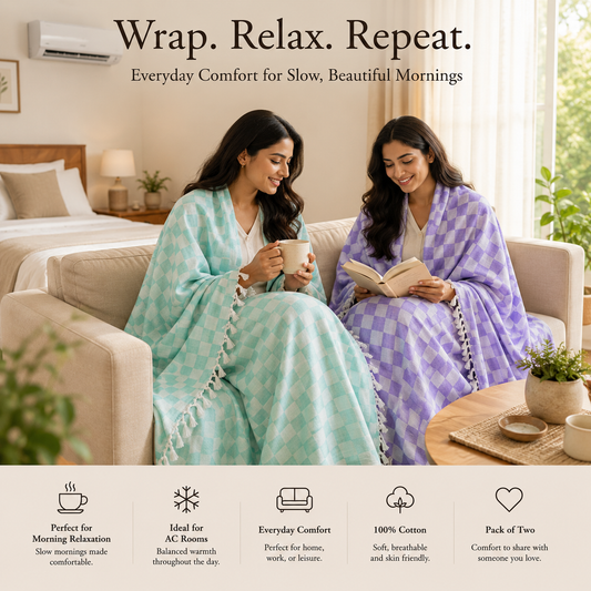 Pack of 2 Authentic Premium 3D Bhagalpuri Dull Chadar | 100% Cotton Lightweight Soft Blanket for AC Room, Travel & Everyday Use | Classic Size 100 × 52 Inches  DULL 59 60
