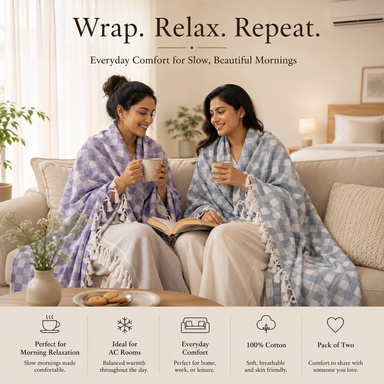 Pack of 2 Authentic Classic 3D Bhagalpuri Dull Chadar | 100% Cotton Lightweight Soft Blanket for AC Room, Travel & Everyday Use | Classic Size 94 × 50 Inches  DULL C 31 37