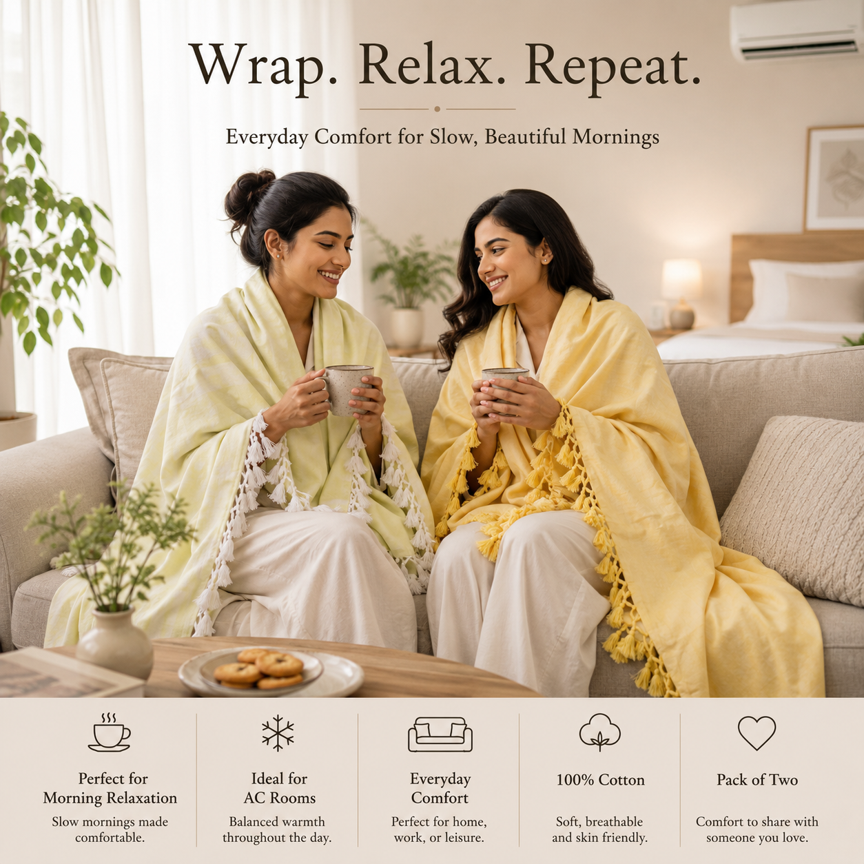 Pack of 2 Authentic Premium Bhagalpuri Dull Chadar | 100% Cotton Lightweight Soft Blanket for AC Room, Travel & Everyday Use | Classic Size 100 × 52 Inches  DULL 68 69