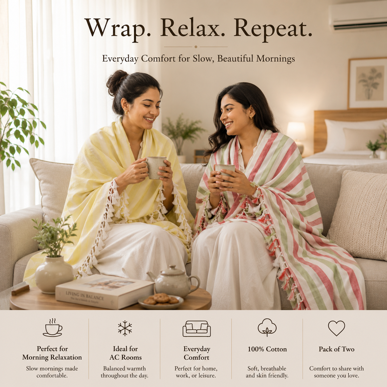 Pack of 2 Authentic Classic Bhagalpuri Dull Chadar | 100% Cotton Lightweight Soft Blanket for AC Room, Travel & Everyday Use | Classic Size 94 × 50 Inches DULL C 12 14