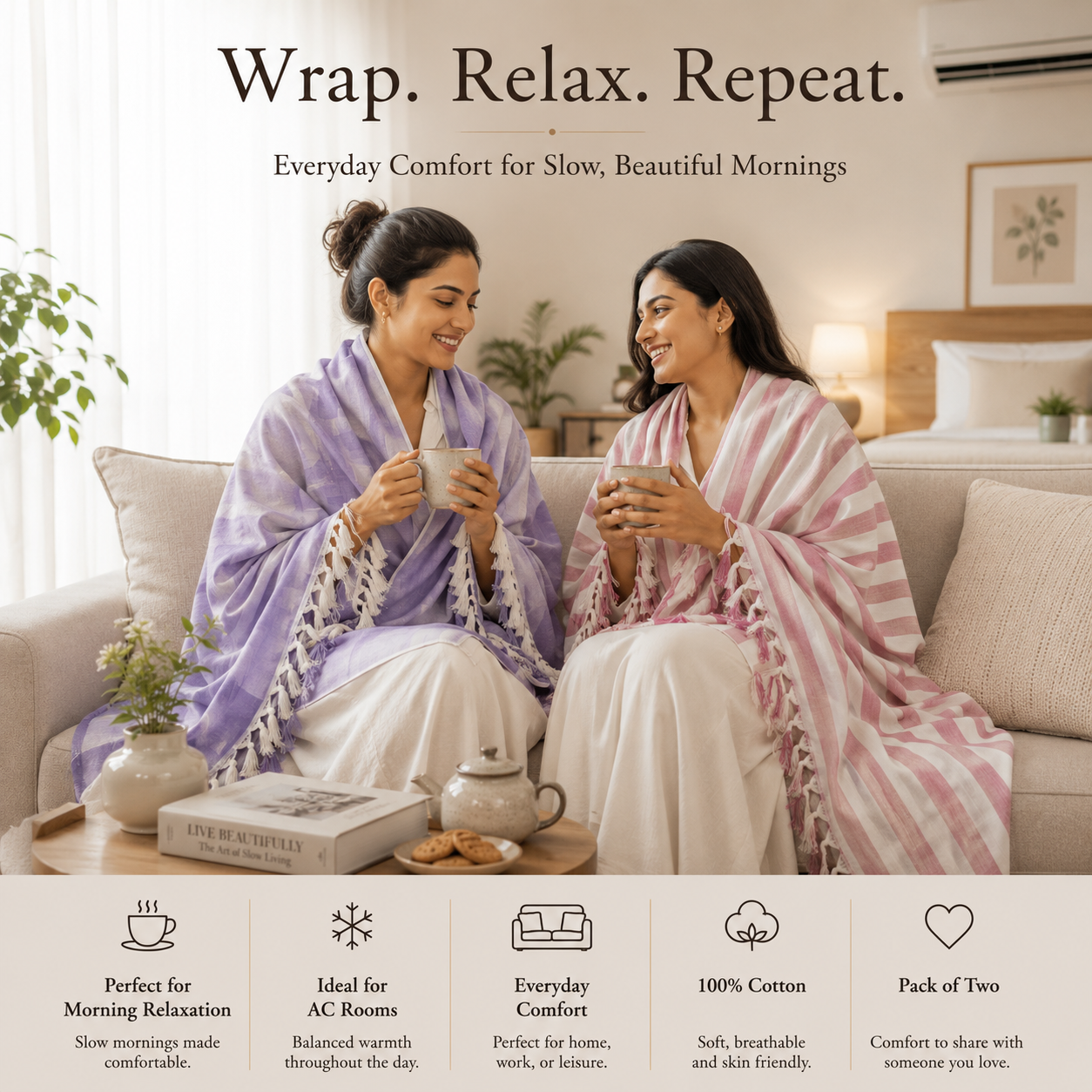 Pack of 2 Authentic Classic Bhagalpuri Dull Chadar | 100% Cotton Lightweight Soft Blanket for AC Room, Travel & Everyday Use | Classic Size 94 × 50 Inches DULL C 08 15