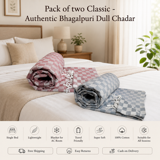 Pack of 2 Authentic Classic 3D Bhagalpuri Dull Chadar | 100% Cotton Lightweight Soft Blanket for AC Room, Travel & Everyday Use | Classic Size 94 × 50 Inches DULL C 34 37