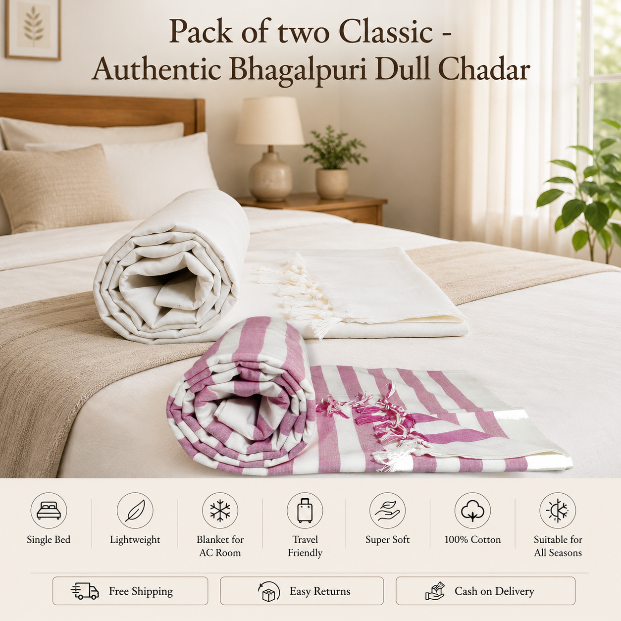 Pack of 2 Authentic Classic Bhagalpuri Dull Chadar | 100% Cotton Lightweight Soft Blanket for AC Room, Travel & Everyday Use | Classic Size 94 × 50 Inches DULL C 13 15