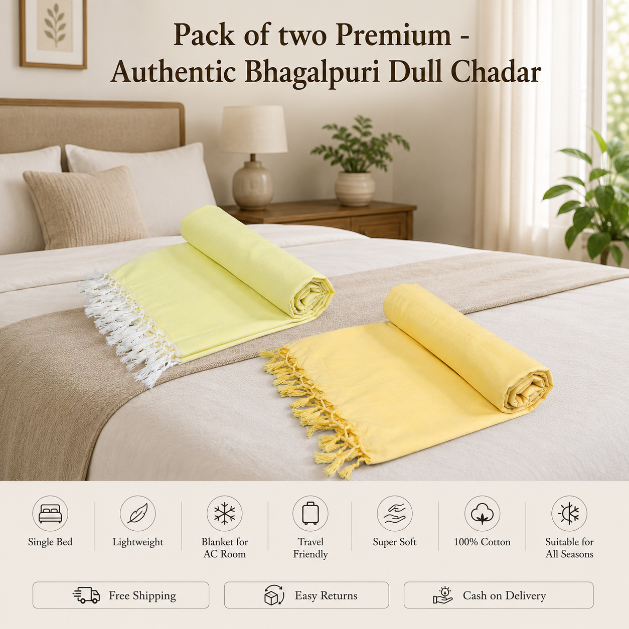 Pack of 2 Authentic Premium Bhagalpuri Dull Chadar | 100% Cotton Lightweight Soft Blanket for AC Room, Travel & Everyday Use | Classic Size 100 × 52 Inches  DULL 68 69