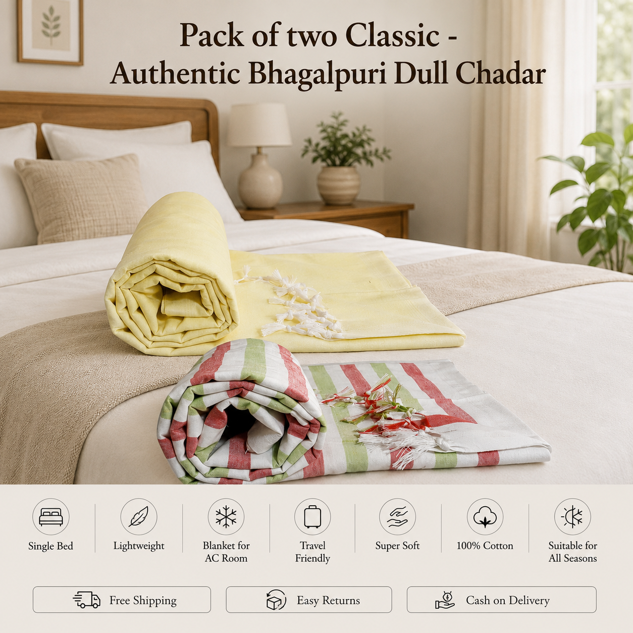 Pack of 2 Authentic Classic Bhagalpuri Dull Chadar | 100% Cotton Lightweight Soft Blanket for AC Room, Travel & Everyday Use | Classic Size 94 × 50 Inches DULL C 12 14