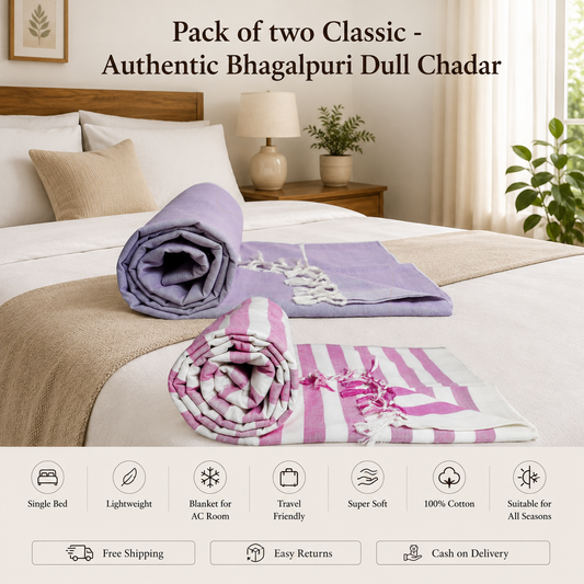 Pack of 2 Authentic Classic Bhagalpuri Dull Chadar | 100% Cotton Lightweight Soft Blanket for AC Room, Travel & Everyday Use | Classic Size 94 × 50 Inches DULL C 08 15