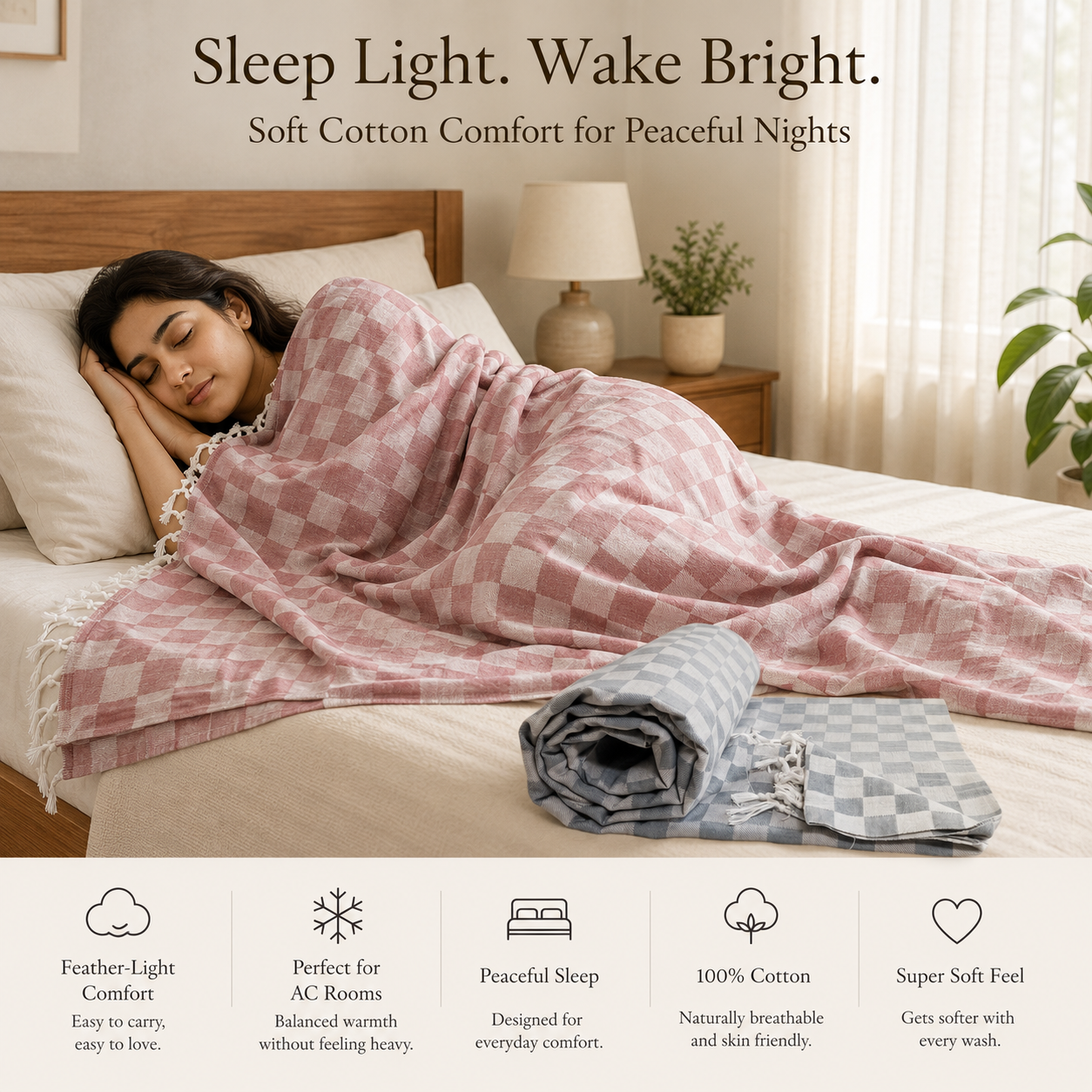 Pack of 2 Authentic Classic 3D Bhagalpuri Dull Chadar | 100% Cotton Lightweight Soft Blanket for AC Room, Travel & Everyday Use | Classic Size 94 × 50 Inches DULL C 34 37